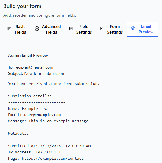 Form Builder - Email Preview
