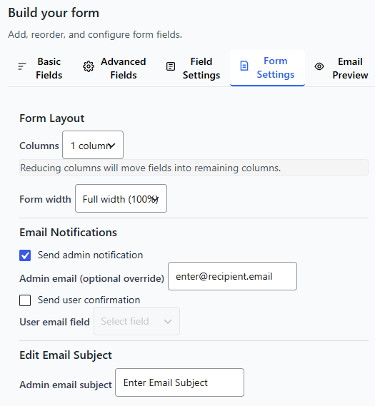 Form Builder - Email Settings